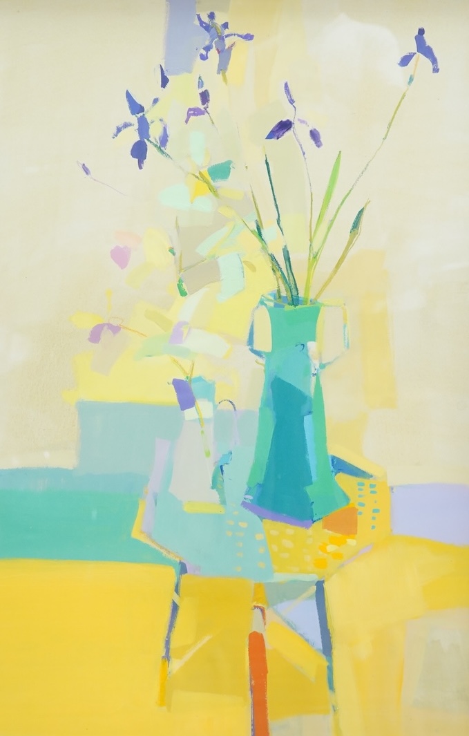 Claire Harrigan RSW (Scottish, b.1964), ‘Irises & Orchids’, details verso, mixed media, 94 x 60cm